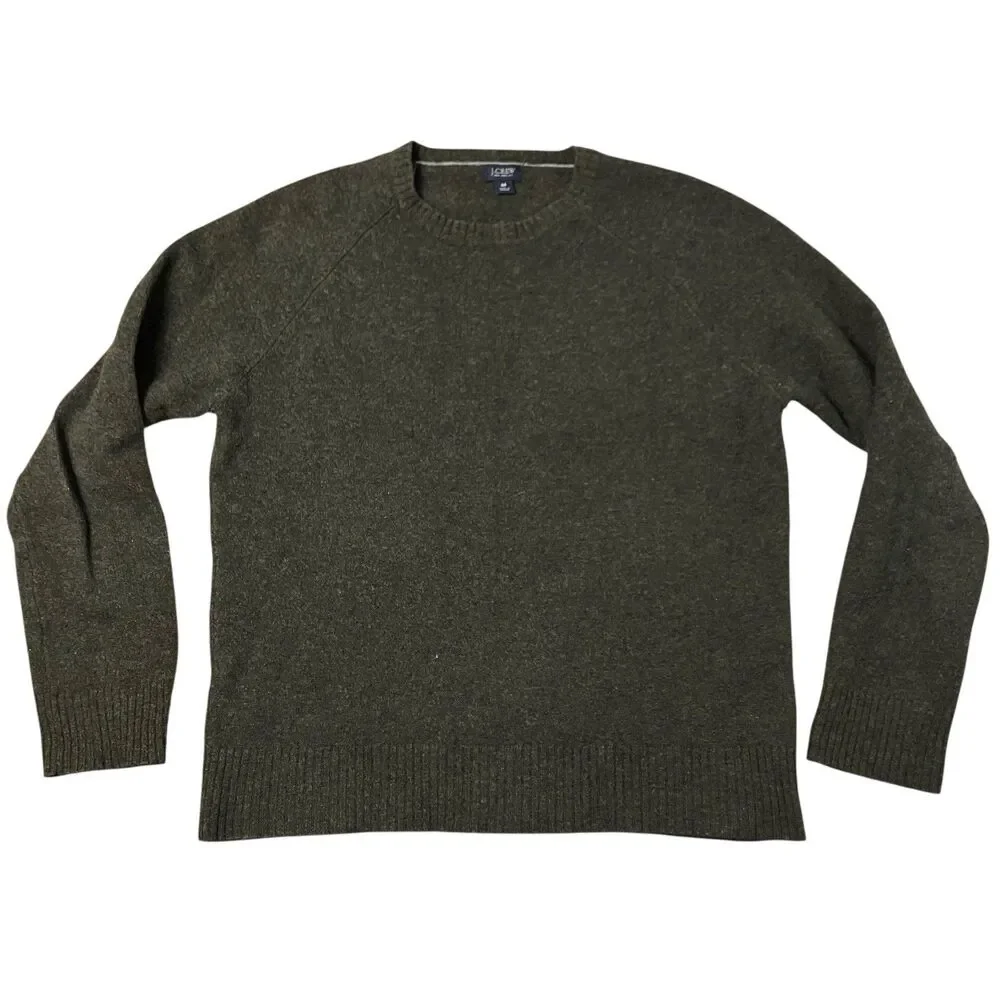 J Crew Sweater Mens M Green Lambs Wool Crewneck Raglan Pullover Knit‎ Minimalist